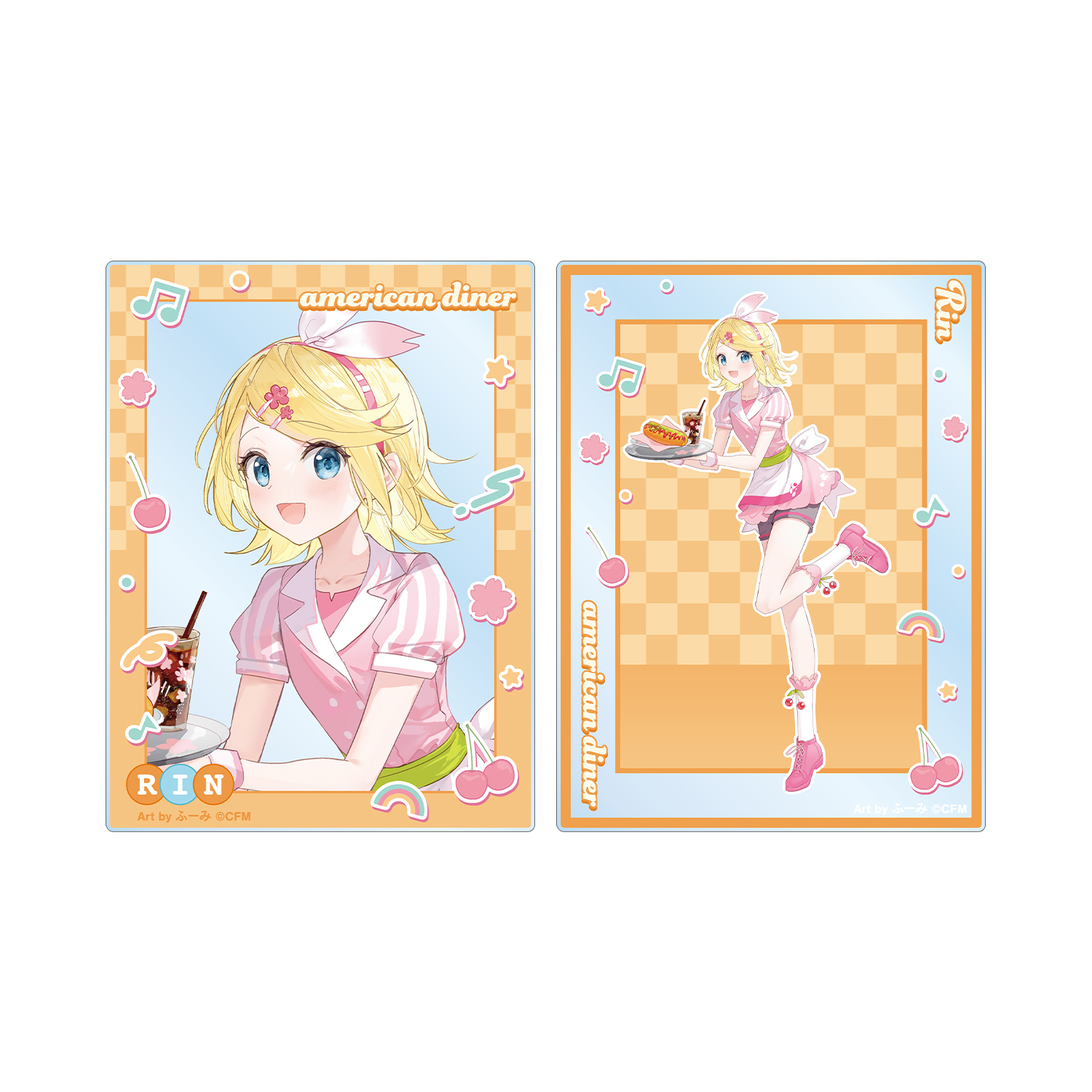 桜ミク 描き下ろし 鏡音リン アメリカンダイナーver. Art by ふーみ アクリルカード2枚セット